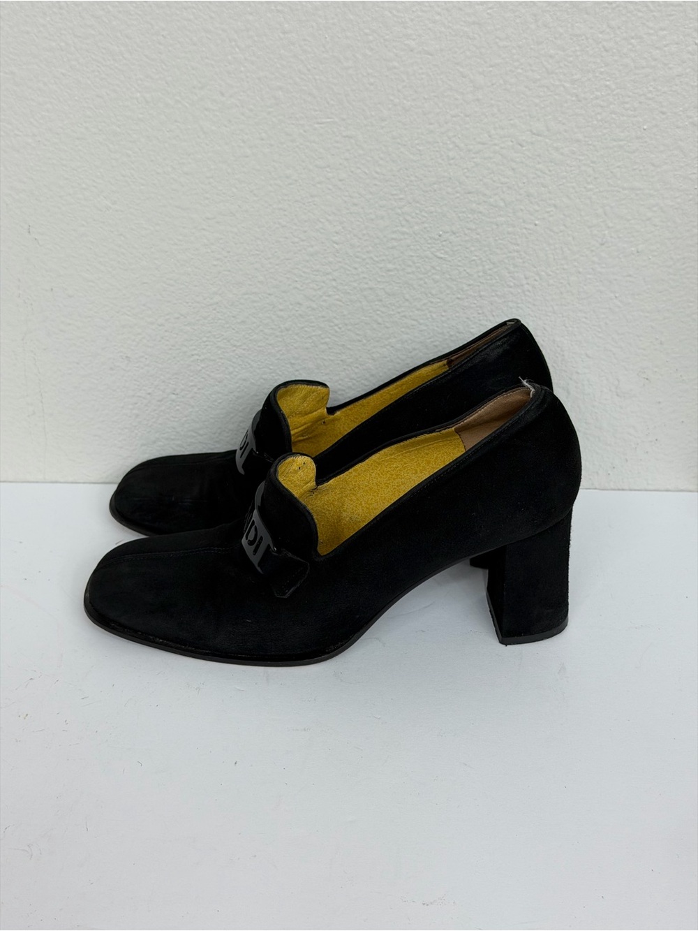 Fendi Loafers Square Toe Heel Velour 36.5 Black